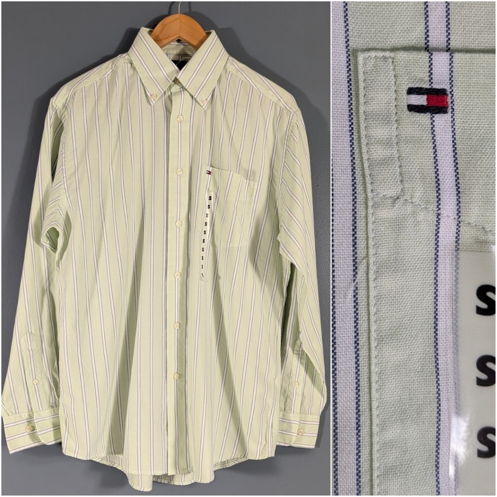 Tommy Hilfiger Pastel Green White Stripe Long Sleeve Collar Dress Shirt Small